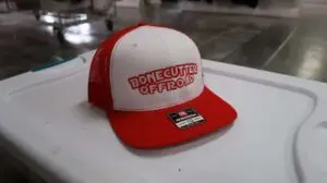 BONECUTTER trucker hat, white/red